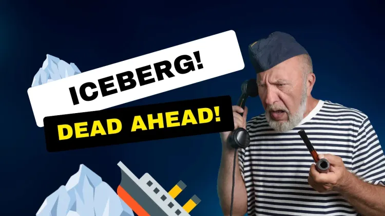 Image of an old sailor shouting in a telephone and the image of a ship sinking after hitting an iceberg
