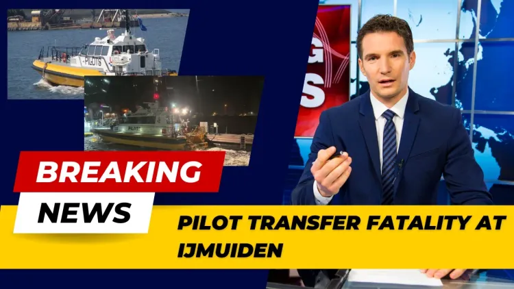 Newsreader delivering breaking news of a Pilot Transfer Fatality At Ijmuiden
