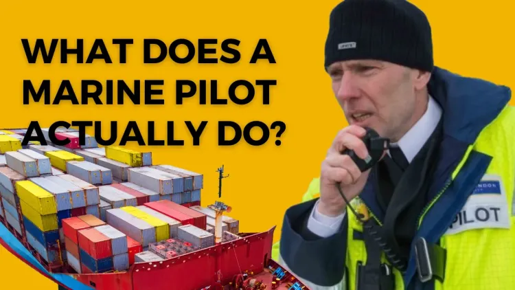 Picture of a maritime pilot talking into his VHF radio and an image of a container ship