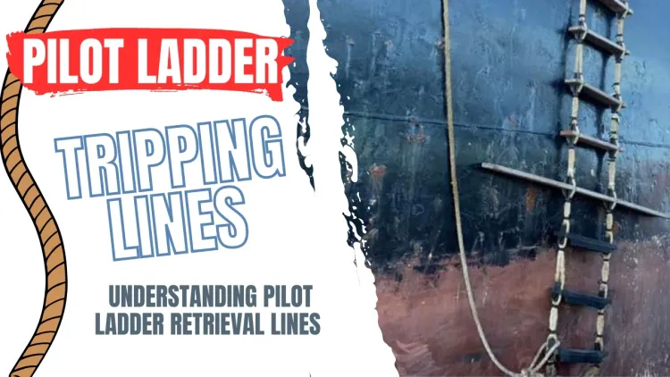 Image of a pilot ladder with an incorrectly rigged tripping line at the booth rubber step