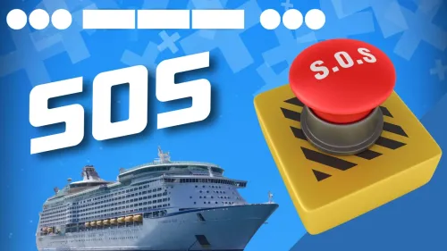 Image of SOS in morse code above a cruise ship and a big paint button with SOS written on it