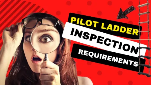 Woman with a magnifying glass and title Pilot Ladder Inspection Requirements with an image of a pilot ladder