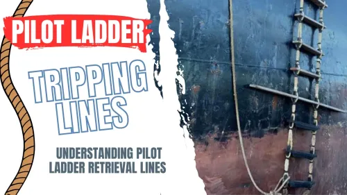 Image of a pilot ladder with an incorrectly rigged tripping line at the booth rubber step